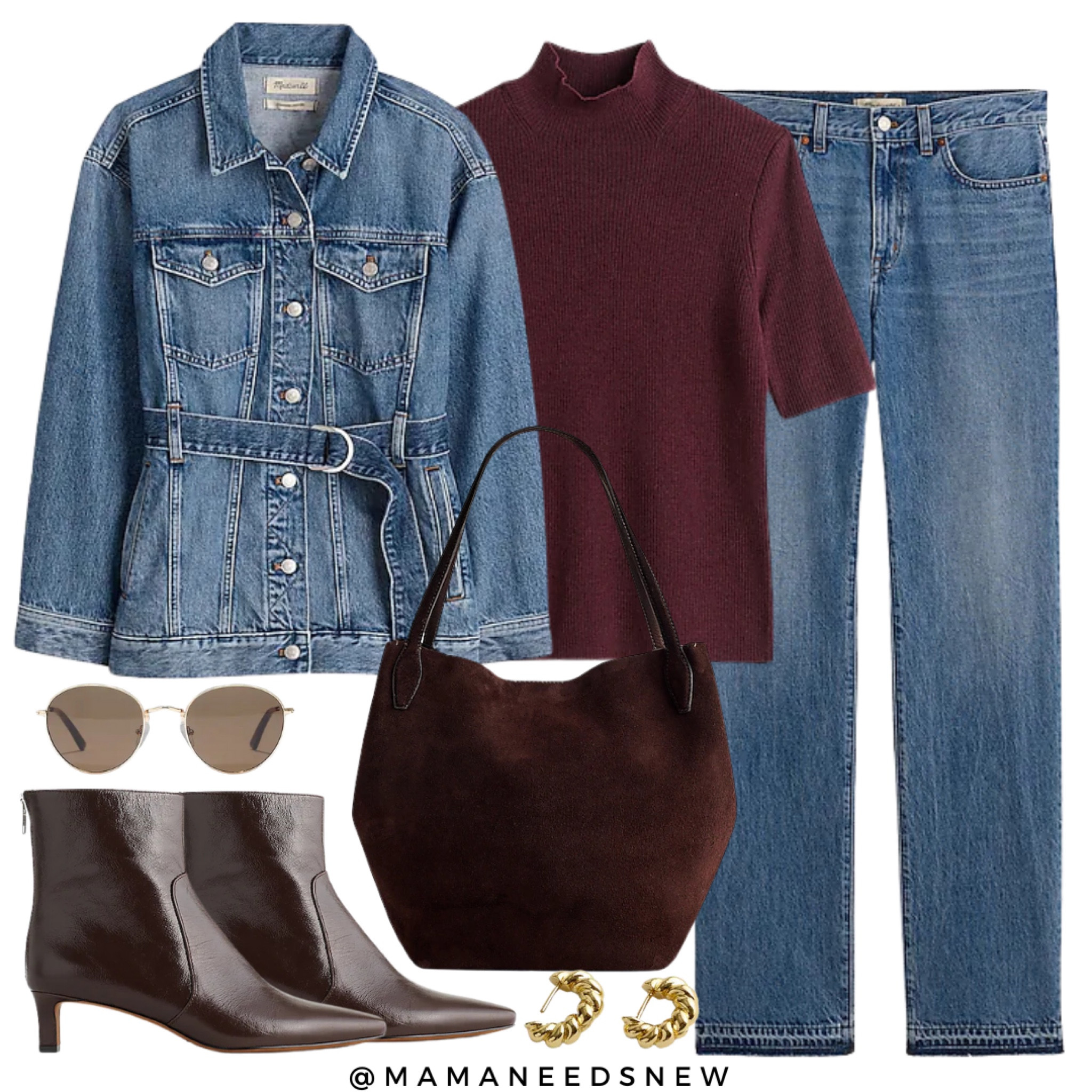 Denim on denim makes a perfect fall outfit,  with this belted denim jacket, a burgundy top, leather booties and a suede bag 💙🤎

#LTKSaleAlert #LTKxMadewell #LTKSeasonal