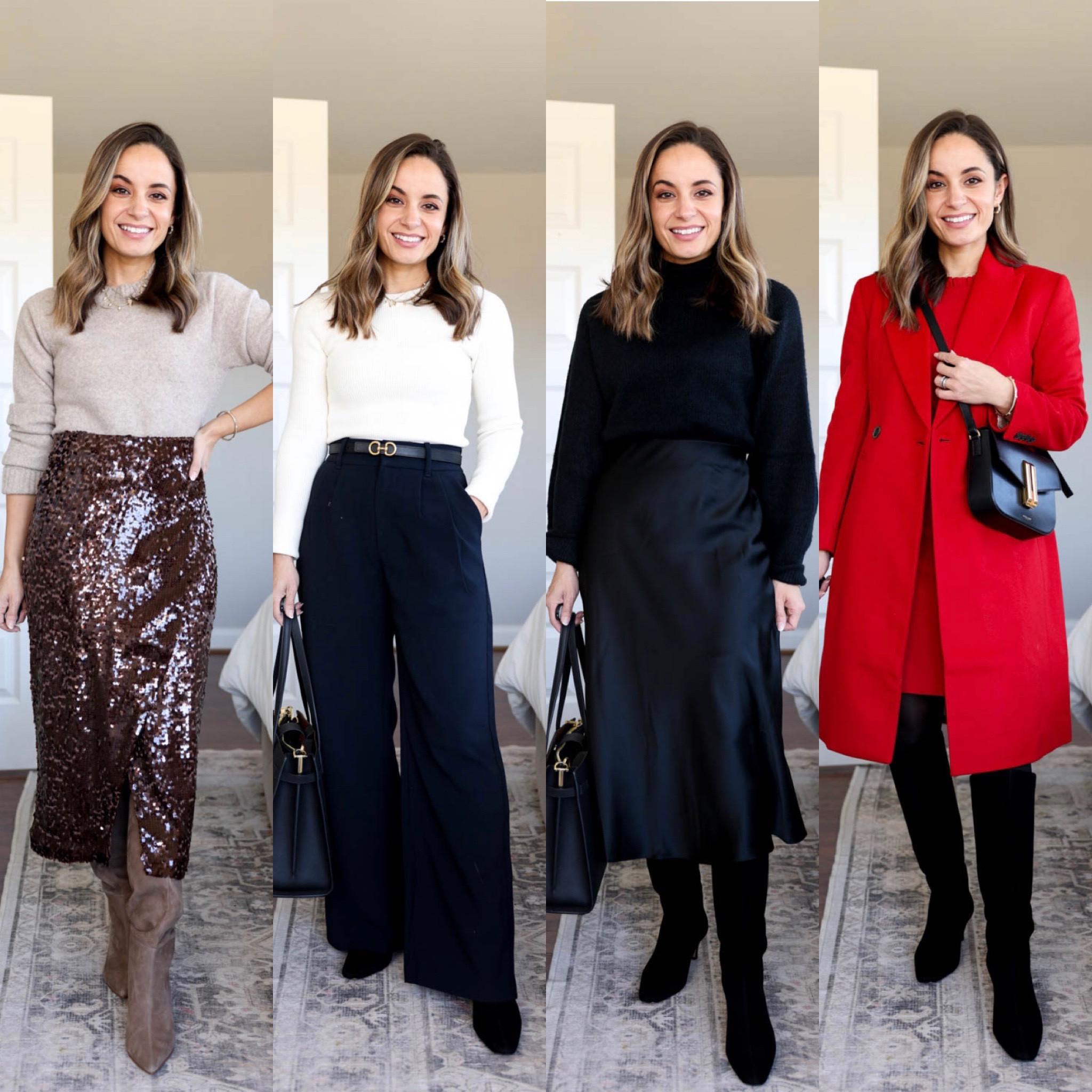 Petite friendly knee high boots pt. 2! The boots in this post have a slim fit and low kitten heel. Perfect for dressing up! 

Tan boots: sized up 1/2 size. They have a 15” slouchy shaft, with a 15” shaft circumference. 

Black boots: true to size with a slim fit calf. 14” shaft height and 13” shaft circumference. 

From left: 
Outfit 1: 
Target sweater: xs 
Loft skirt: petite 00/xxs 

Outfit 2: 
Abercrombie top: xs 
Abercrombie pants: 25 short (sized up) 

Outfit 3: 
Quince skirt: xs 
Spanx shorts: xs 
Walmart sweater: xs 

Outfit 4: 
J.Crew coat: petite 00 tts 
J.Crew Factory dress: petite 00 tts 
Tights: sheertex (unable to link) 

Outfit not pictured: 
Loft turtleneck: petite xxs 
Abercrombie pants: 24 short tts 
Edited pieces belt: xxs 

#LTKHoliday #LTKSeasonal #LTKshoecrush