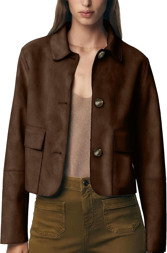 Fhniepan Womens Faux Suede Bomber Jacket Fall Long Sleeve Lapel Button Down Jackets Trendy Going ... | Amazon (US)