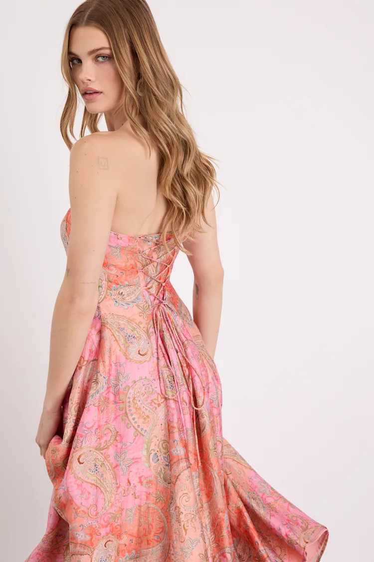 Lexis Pink Multi Boho Print Lace-Up Midi Dress | Lulus