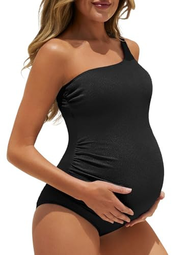 Summer Mae Maternity Swimsuit One Piece One Shoulder Ribbed Pregnancy Bathing Suit Black X-Large | Amazon (US)