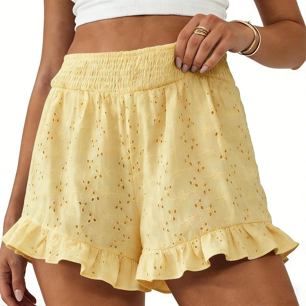 Women's Casual Eyelet Shorts Summer Fashion Cute Ruffle Shorts Loose Texture Smocked Waist Lounge... | Amazon (US)