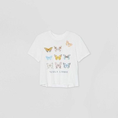 Women's Butterfly Short Sleeve Boxy Cropped Graphic T-Shirt - (Regular & Plus) White | Target