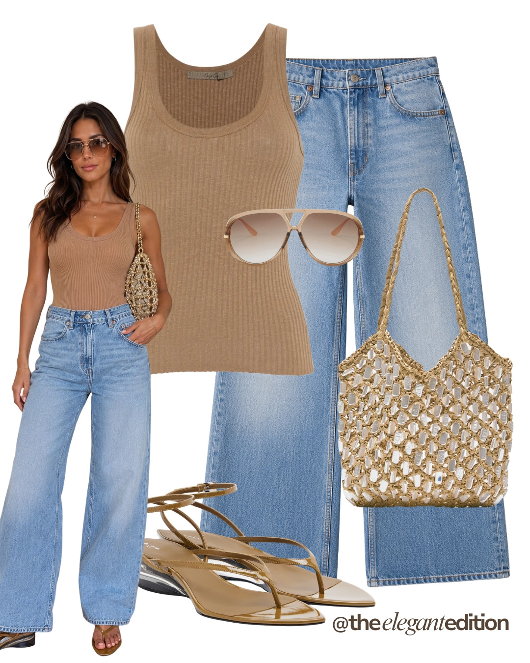 CAMEL & DENIM LOOK 🤍🤎 — Camel ribbed tank top, wide-leg blue denim jeans, gold woven tote bag and gold strappy flat sandals. Effortless casual elegance for summer days.
#summeroutfit #oldmoney #quietluxury #denim #LTKsummer #LTKstyletip 

 #LTKeurope #LTKsummer #LTKstyletip