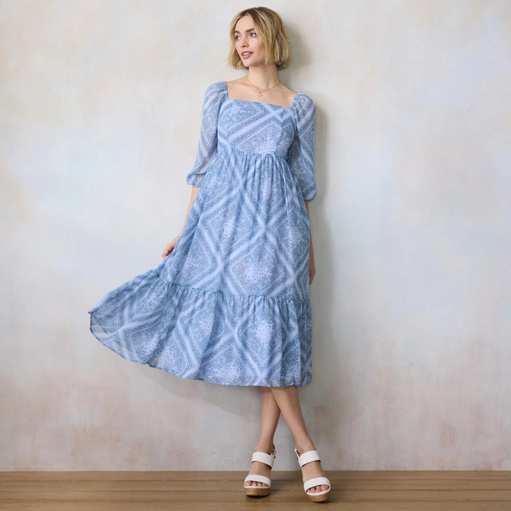 Women's LC Lauren Conrad Square Neck Puff 3/4 Sleeve Midi Dress | Kohl's