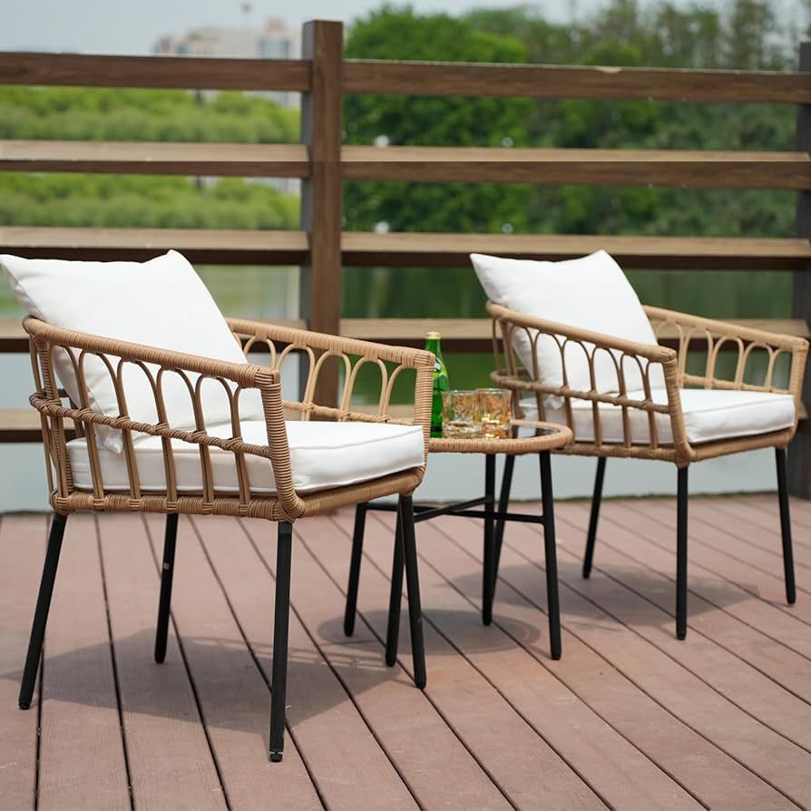 Homsido 3-Piece Outdoor Rattan Patio Furniture Set, Bohemian Simple Wicker Patio Chair Conversati... | Amazon (US)