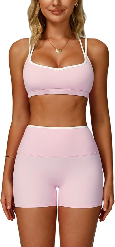 ABOCIW Workout Sets for Women 2 Piece Color Block Strappy Sports Bra High Waist Shorts Gym Yoga P... | Amazon (US)