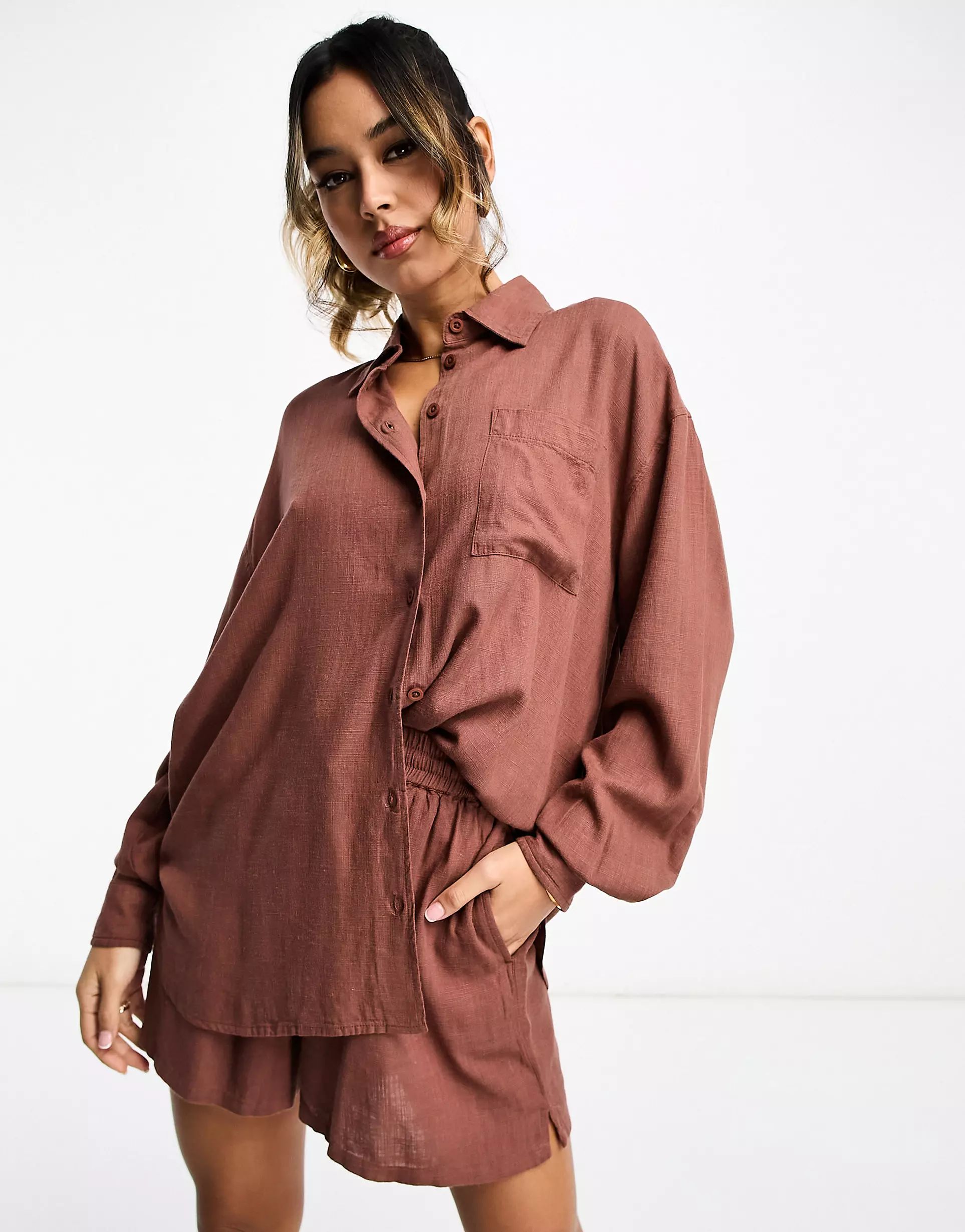 ASOS DESIGN relaxed linen shirt with dip hem in terracotta | ASOS (Global)