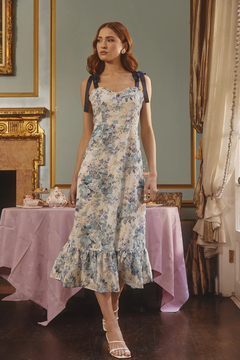 Majesty Floral Villa Garden Eyelet Midi Dress | Sugarlips