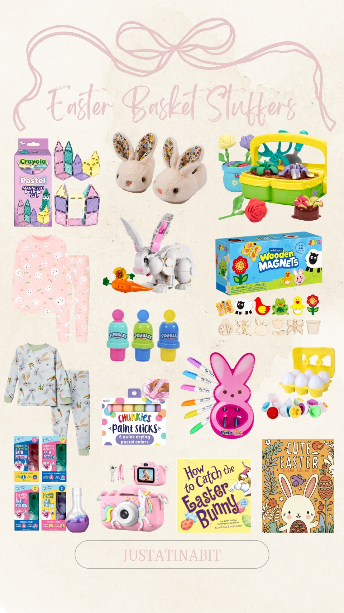 Easter Basket Stuffers!  

Paint sticks, kids camera toys, no spill bubbles, egg decorator, Easter cute coloring book for kids, Lego Rabbit animal toy, wooden magnetic painting kit, play doh blooming flower garden toy, bunny slippers, How to catch the Easter bunny book, magnetic tiles, girls cotton pajamas, baby girls pajamas, color matching egg set, kids bath bomb potions

#LTKKids #LTKHome #LTKSeasonal