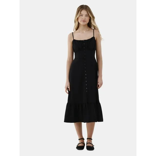 No Boundaries Button Front Flounce Midi Dress, Women’s and Women’s Plus | Walmart (US)