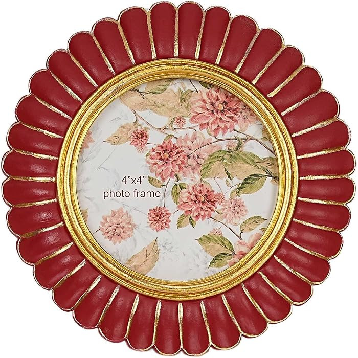 Vintage 4x4 Picture Frame, Red and Gold Round Ornate Photo Frame with Real Glass for Wall Decor, ... | Amazon (US)