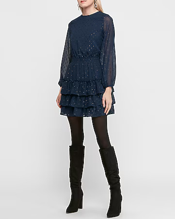 smocked tiered clip dot fit and flare dress | Express