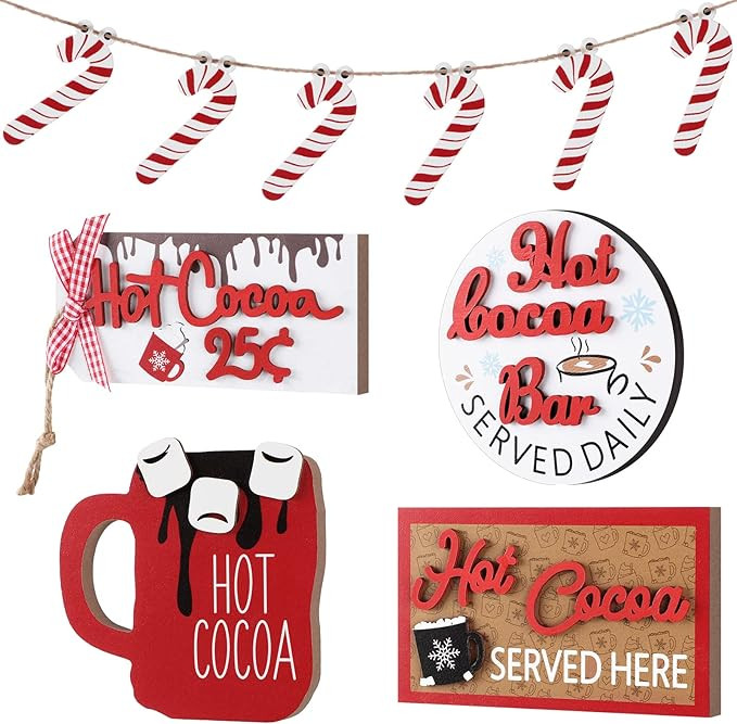 5 Pieces Christmas Wooden Signs Hot Coco Tiered Tray Decoration Hot Cocoa Decor Warm Winter Table... | Amazon (US)