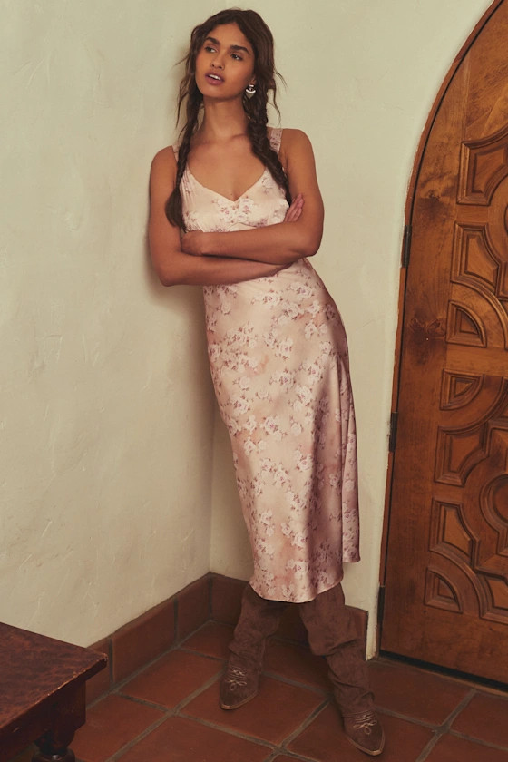 Sweet Brilliance Light Pink Floral Satin Slip Midi Dress | Lulus