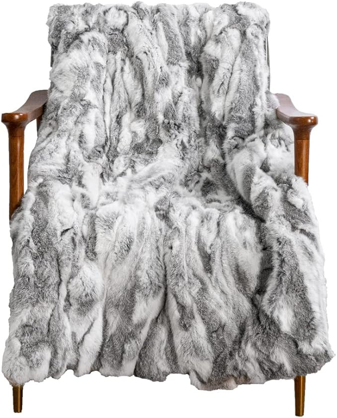 Throw Blankets for Couch and Bed, Soft Cozy Real Rabbit Fur Throw Blanket with Suede Backing, Gre... | Amazon (US)