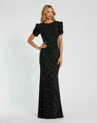 Black Gathered Short Sleeve Embellished Gown | Mac Duggal