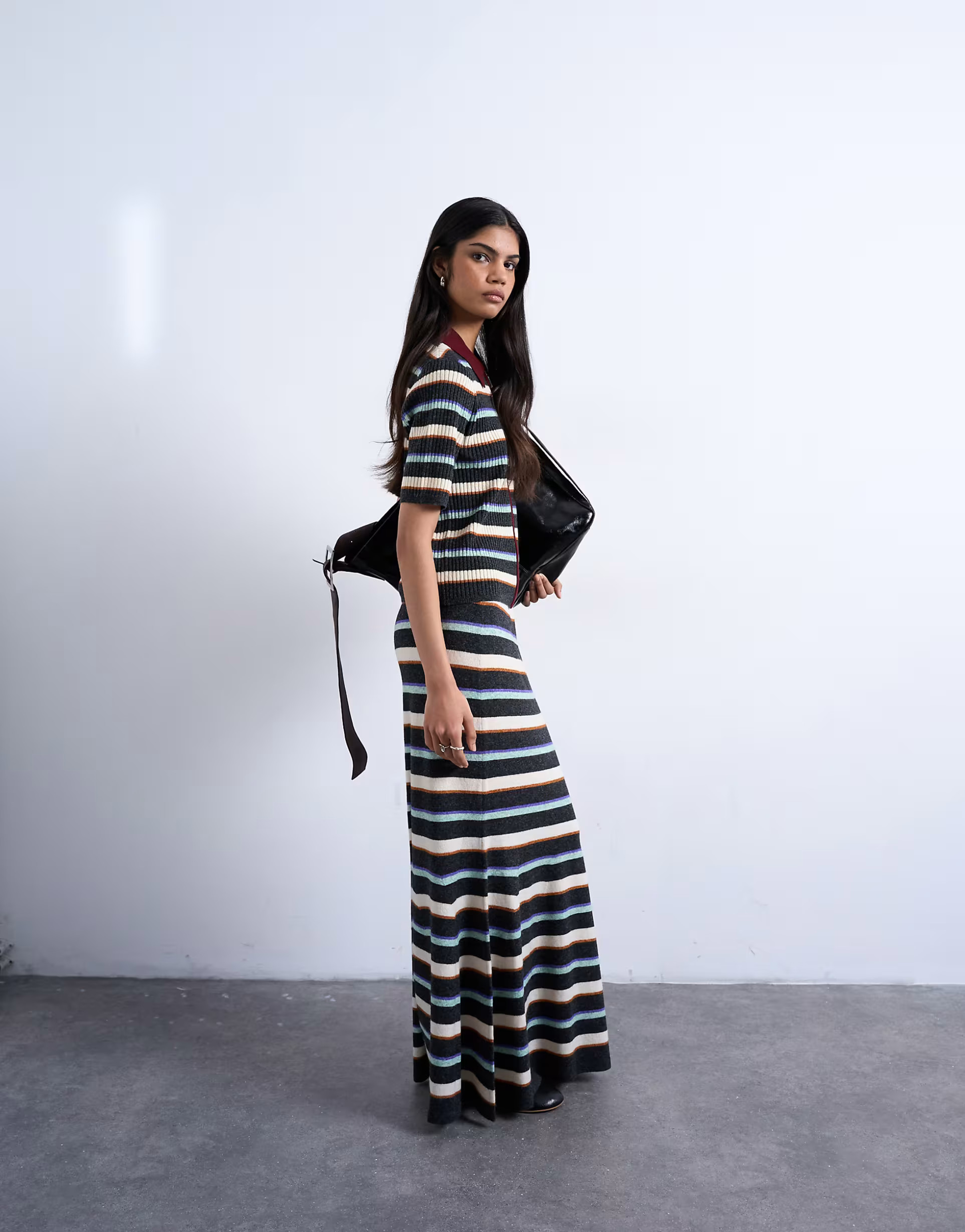 Topshop knit ribbed multi stripe skirt in burgundy - part of a set | ASOS (Global)