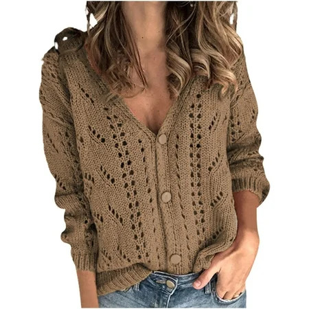 Sweaters for Women Sweater for Women Office Sweaters for Women Knitwear Solid Color Cardigan Hollow V-Neck Coffee 3XL | Walmart (US)