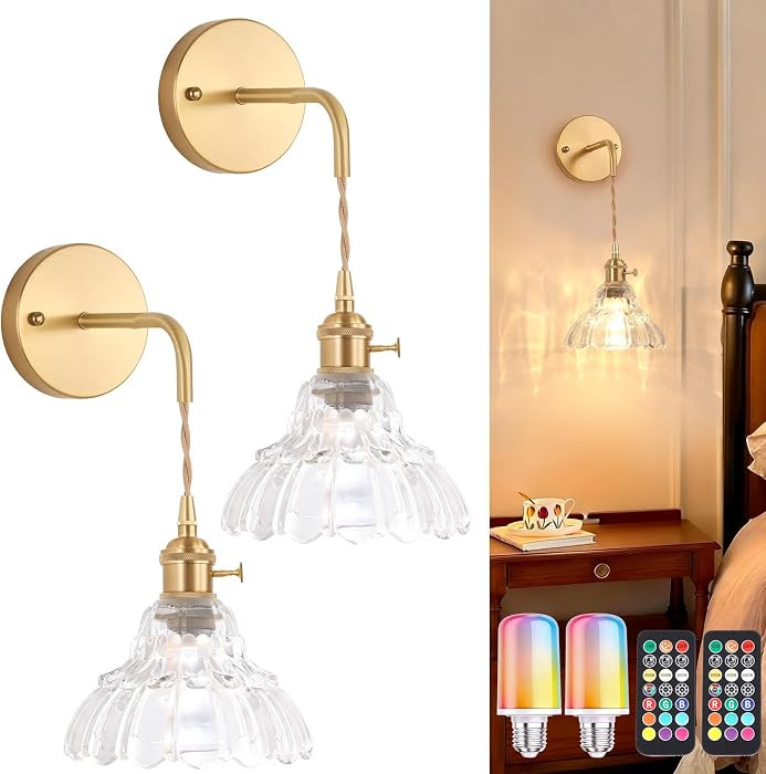 Shenmoyl Vintage Battery Operated wall sconces Set of 2, Wall Lamps with Clear Lily of the Shade ... | Amazon (US)