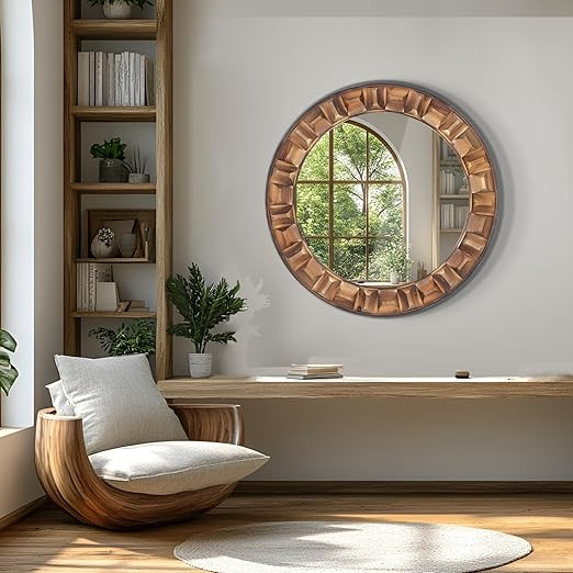 30 Inch Round Wood Mirror for Wall, Circle Decorative Mirror with Solid Wood Frame, Rustic Hangin... | Amazon (US)