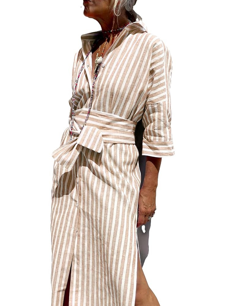 utcoco Womens 2025 Shirt Dress Casual Lapel 3/4 Sleeve Button Down Split Belted Vacation Maxi Dre... | Amazon (US)