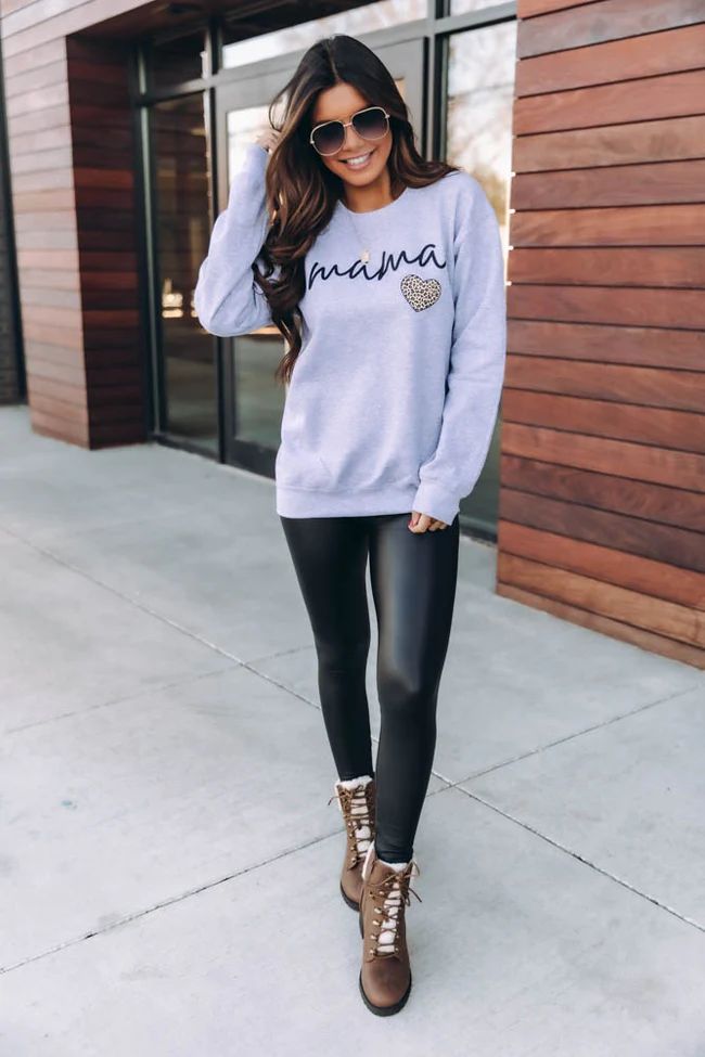 Mama Script Brown Animal Print Grey Graphic Sweatshirt | The Pink Lily Boutique