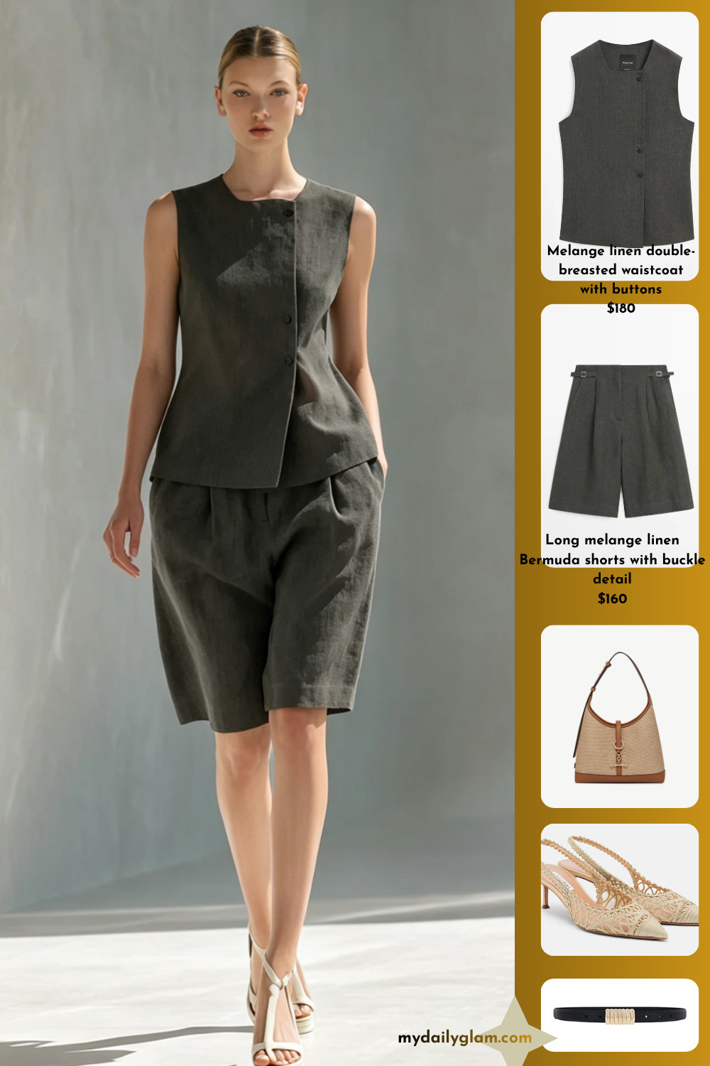 Dark Grey Linen Fitted Side Button Sleeveless Waistcoat & Matching Pleated Linen Bermuda Shorts Quiet Luxury Neutral Office Co-Ord

#QuietLuxuryStyle #MonochromeLinenSet #LinenWorkwear
 

 #LTKootd #LTKOver40 #LTKWorkwear