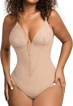 Popilush Lace Shapewear Bodysuit Women Tummy Control Backless Tank Tops V Neck Body Suit Thongs | Amazon (US)