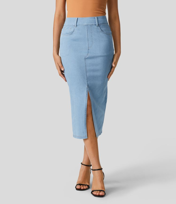 HalaraMagic™ High Waisted Multiple Pockets Bodycon Split Stretchy Knit Denim Casual Midi Skirt | HALARA
