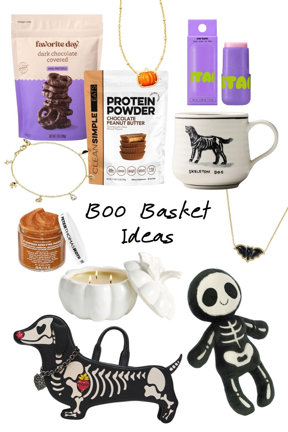 Skeleton boo basket ideas. The skeleton dachshund crossbody bag and the skeleton dog mug are the two that carry the whole basket. Peter Thomas Roth pumpkin enzyme mask is the splurge item and it actually works. Ceramic pumpkin candle, black bat pendant necklace, gold spider charm bracelet, pumpkin pendant necklace, and a Star grape lip balm for stocking stuffers. Glow in the dark skeleton plush doll, Clean Simple Eats chocolate peanut butter protein powder, and Favorite Day dark chocolate covered mini pretzels. Boo basket ideas for teens who want spooky over cute.

#LTKGiftguide

#LTKSeasonal