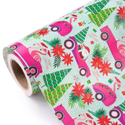 WRAPAHOLIC Cars Christmas Wrapping Paper - Mini Roll - 17 Inch x 33 Feet - Pink & Green Santa Claus and Flamingo with the Car Wrapping Paper for Christmas, Holiday, Party Celebration | Amazon (US)