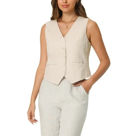 INSPIRE CHIC Women s Linen Vest Sleeveless Button Down V Neck Formal Work Waistcoat M Beige | Walmart (US)