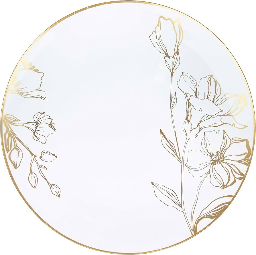 [10'' Plates 10 Count] White Plastic Floral Design Party Dinner Plates With Gold Rim Premium heav... | Amazon (US)