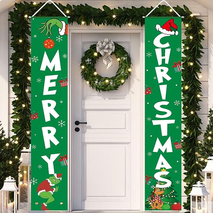 Christmas Decorations MERRY CHRISTMAS Green Banner Xmas Porch Door Sign Welcome Banner Decor for ... | Amazon (US)