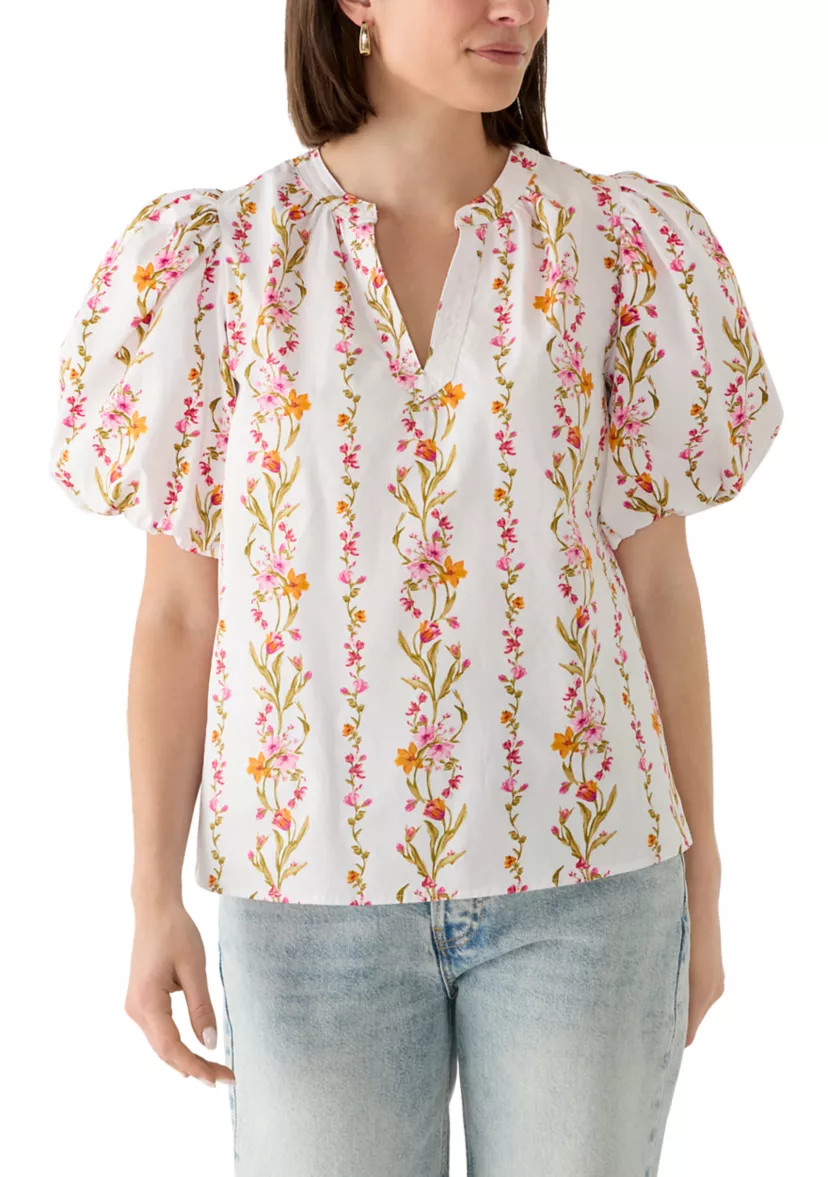 Women's Puff Sleeve Vine Floral Split Neck Blouse | Belk