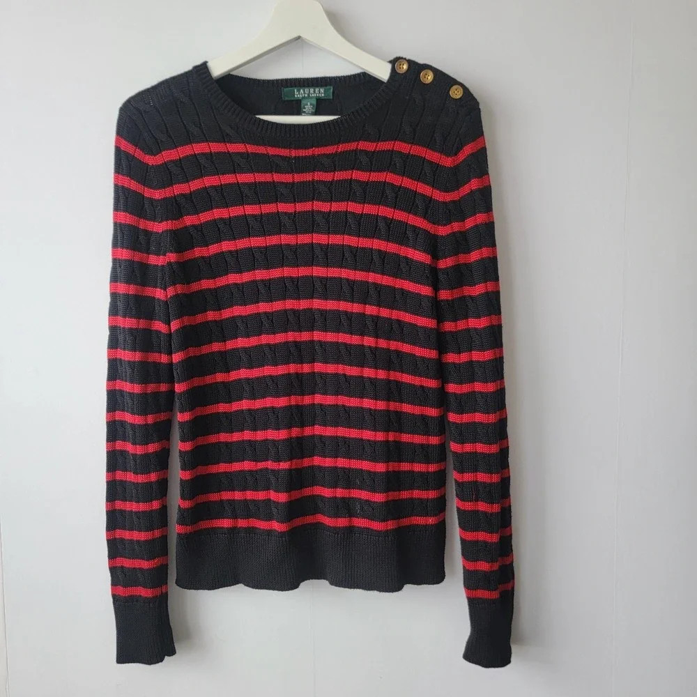 LAUREN Ralph Lauren Women's Black Red Stripe Cable Knit Sweater sz S crew neck | Poshmark