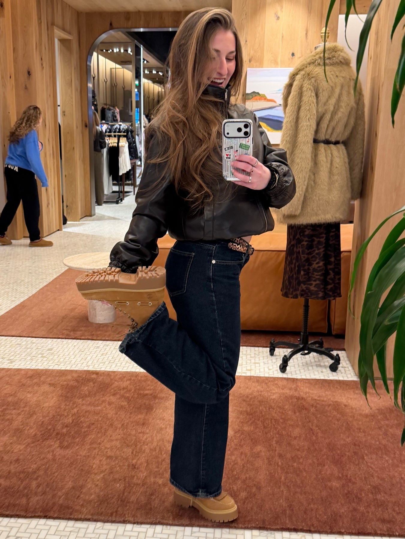aritzia work outfit stylist full time workwear leather jacket faux leather dark brown jacket funnel neck bomber jacket dark wash low rise edikted jeans new cool girl sperry timberland boots winter boots dyson curls long hair cheetah belt cool girl

#LTKootd #LTKgrwm #LTKWorkwear