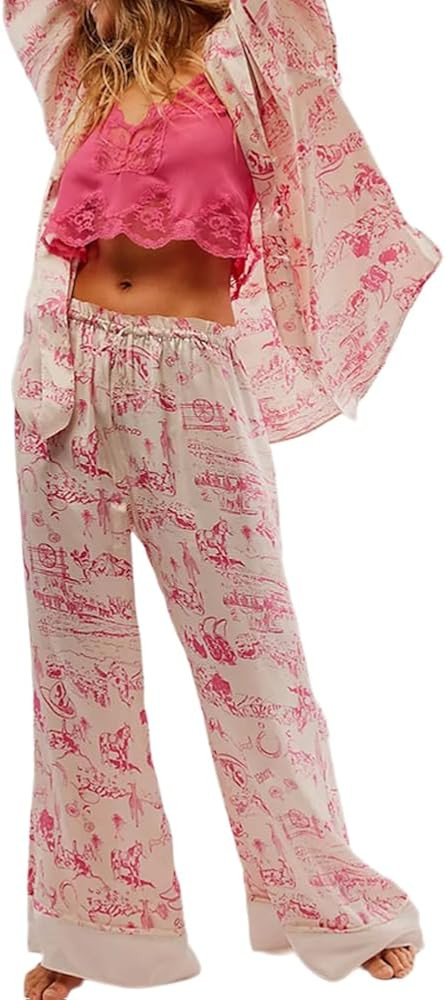 Women Satin Pajamas Set 2 Piece Western Cowgirl Silk Pjs Long Sleeve Floral Wide Leg Pants Button... | Amazon (US)