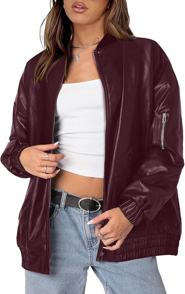 XIEERDUO Faux Leather Jacket Women Oversized Motorcycle Bomber Coats Zip Up Sleeve Pocket 2025 Fa... | Amazon (US)