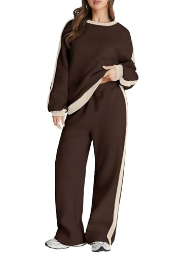Herseas Women's 2 Piece Outfits 2025 Color Block Tracksuit Fleeced Brown Oversized Sweatshirt Sweatpants Small | Amazon (US)