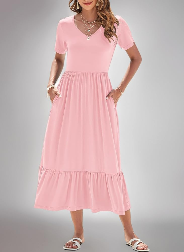 AUSELILY Sommerkleid Damen Lang Kurzarmkleid Maxikleid Damen Sommer V-Ausschnitt Empire Taillen S... | Amazon (DE)
