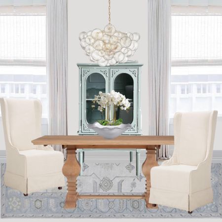 Dining room inspo 🤍 I love to mix textures and styles for a pulled together timeless look. 

Amazon, Amazon dining room, Amazon dining, chairs, table, cabinet, accent rug, accent lighting, window treatments, dining room, traditional dining room, coastal style, grandmillenial style