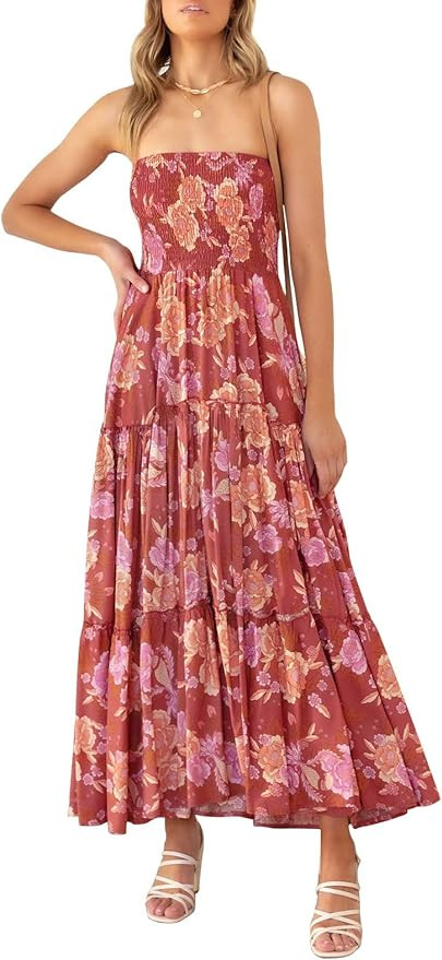 ZESICA Women's 2023 Summer Bohemian Floral Printed Strapless Beach Party Long Maxi Dress | Amazon (US)