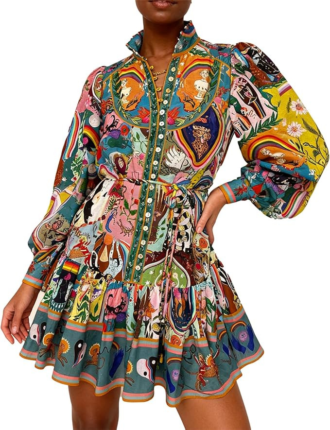 Qikaka Women's Long Puff Sleeve Lapel V Neck Button Printed Bodycon Sexy Nightclub Party Holiday ... | Amazon (US)