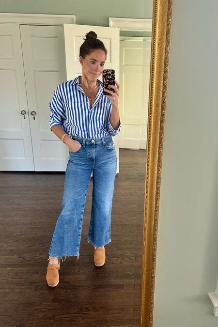 AG Saige Stretch Raw Hem Crop Wide Leg Jeans 👖 🤌🏻 a few washes on sale & sale striped blue and white button down shirts for women 💙

#LTKstyletip #LTKsalealert