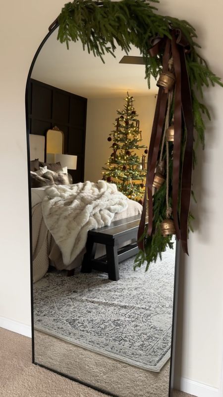 Mirror, garland, ribbon, bells, bed, throw blanket, Christmas tree, bench, pillow, rug 

#LTKhome #LTKSeasonal #LTKHoliday