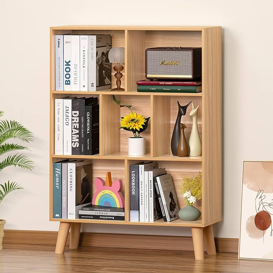 LEYAOYAO Wooden 7 Cube Book Shelf, Natural 3 Tier Bookshelf with Legs, Modern Open Storage Organi... | Amazon (US)