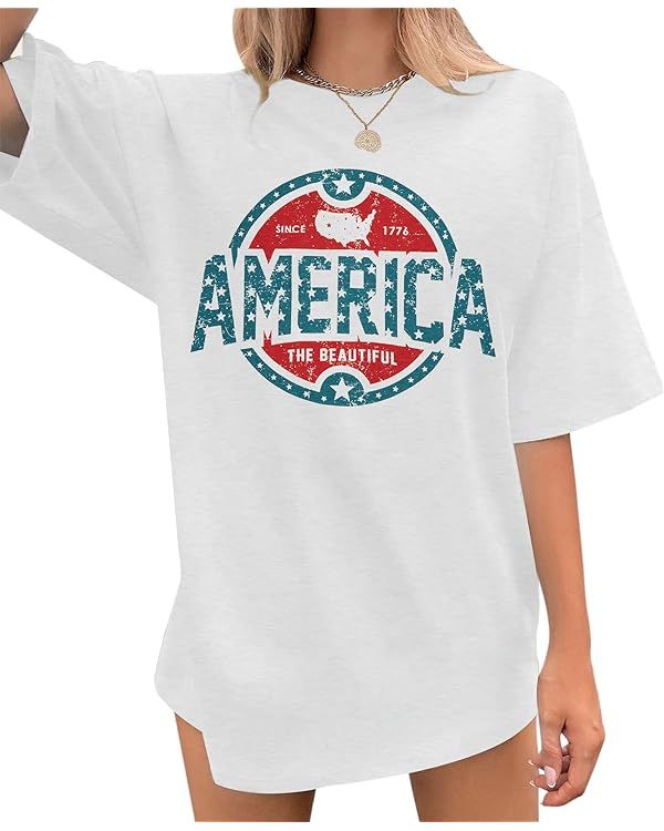 KIDDAD Women's USA Patriotic Shirts Oversized American Flag T-Shirt 4th of July Independence Day ... | Amazon (US)