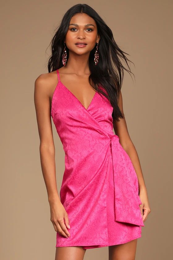 Elegant Always Magenta Jacquard Side-Tie Wrap Mini Dress | Lulus (US)